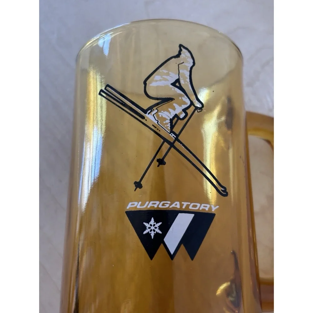 Vintage Purgatory Beer Glass Mug Amber Glass Skiier 5 1/2